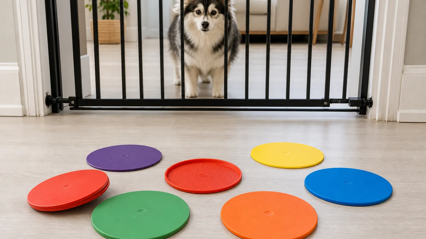 Set of flat colored training marker discs with faces, edges and textured underside visible