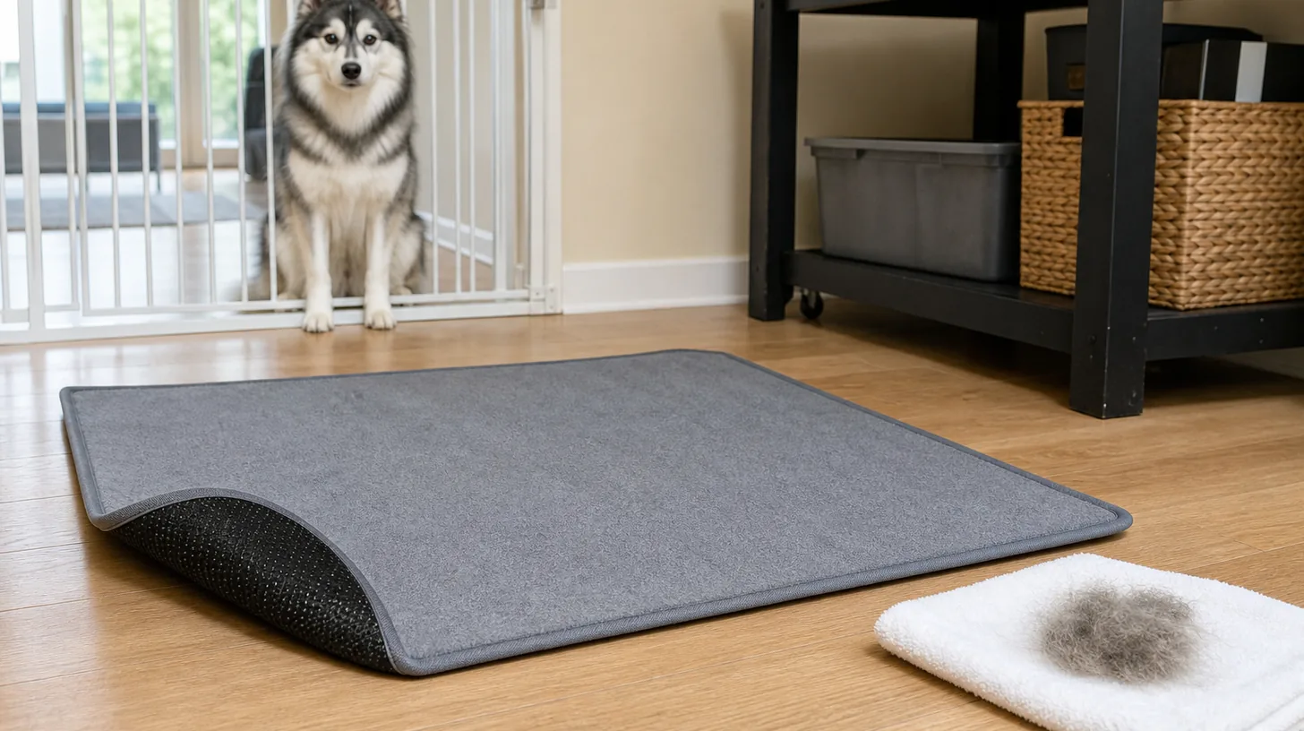 Training mat with nonslip backing visible and loose coat separated on a towel