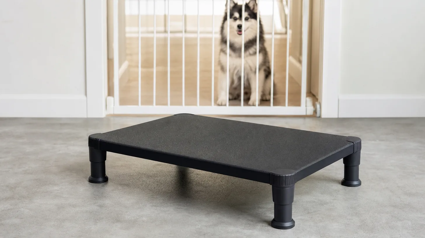 Low rigid dog training platform with top, edges, corners and four feet visible
