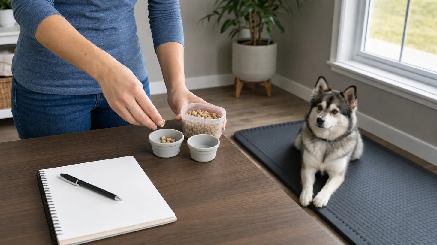 A caregiver portions small Pomsky training rewards beside a blank log while the dog waits on a mat