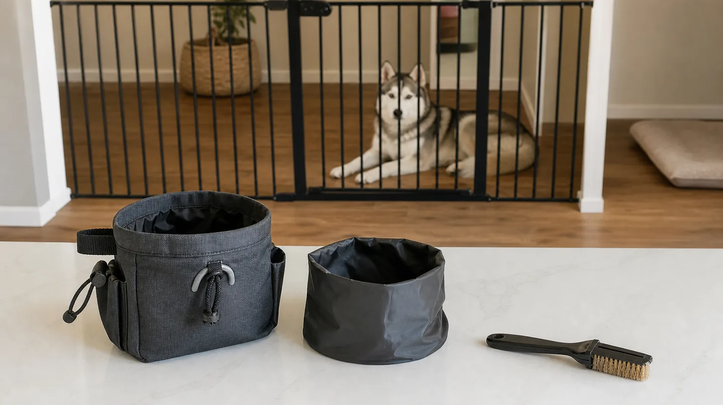 An empty reward pouch and cleaning brush rest on a towel while a Pomsky waits behind a gate