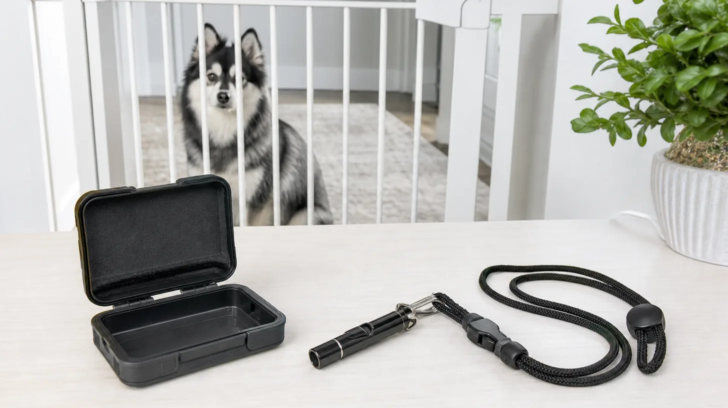 Plain training whistle, breakaway lanyard and open storage case on a clean table