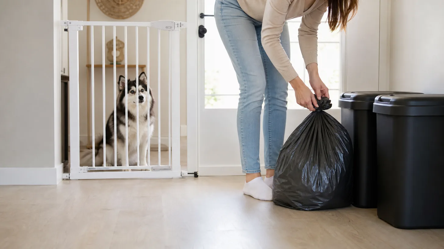 Pomsky waits behind a gate while a caregiver closes a plain trash bag
