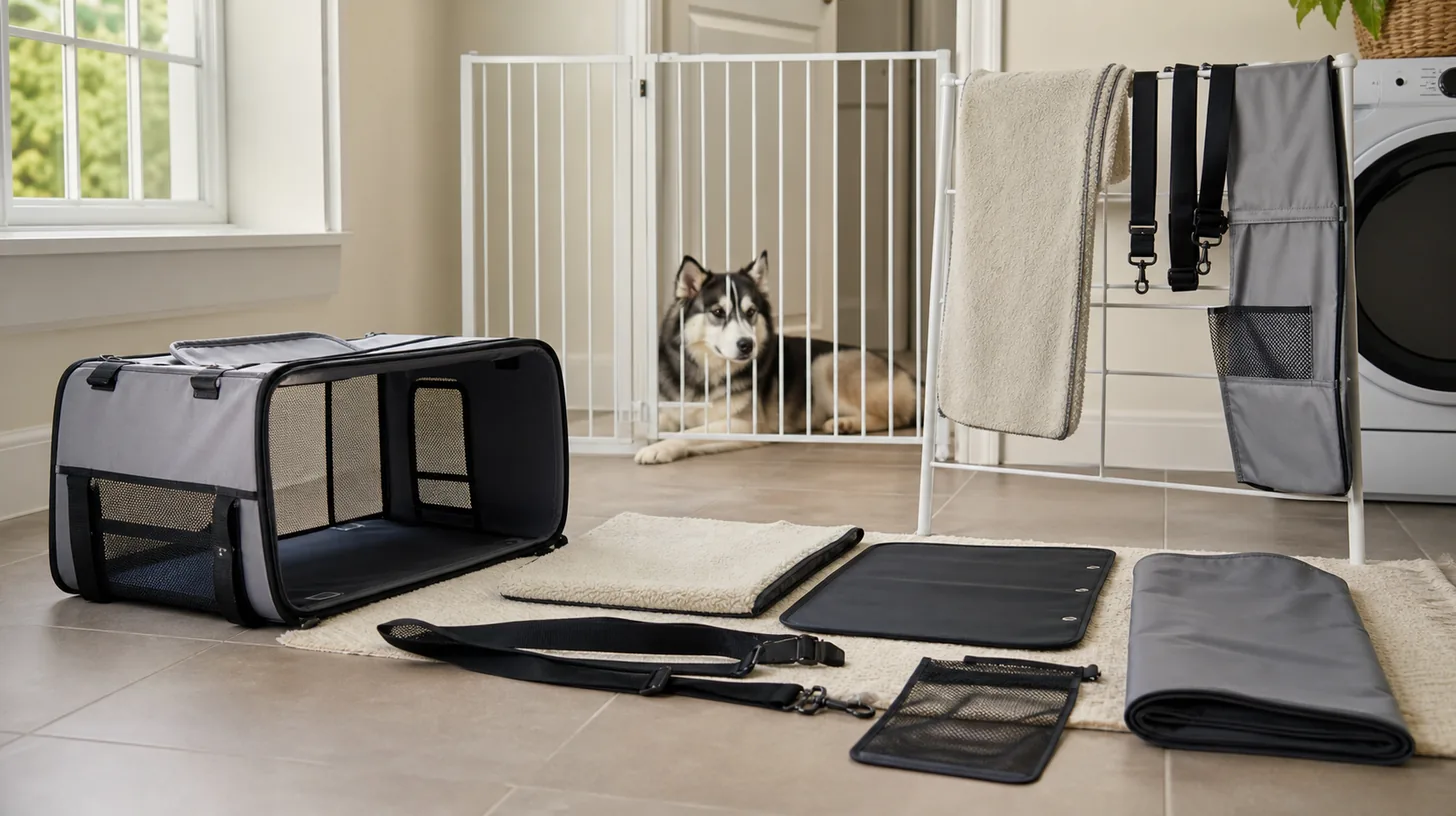 Carrier parts dry separately on a clean rack while a Pomsky waits behind a gate