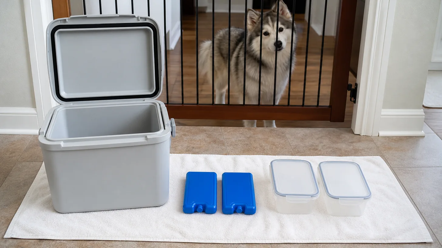 An empty open travel cooler, two ice packs and two empty containers dry away from a Pomsky