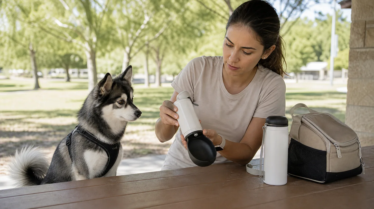 An adult inspects a portable water bottle and bowl beside a waiting Pomsky