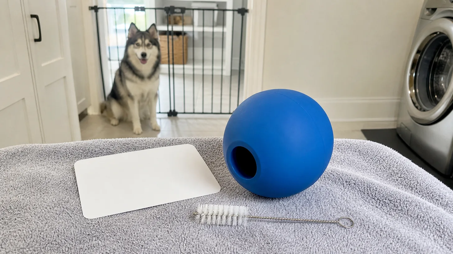 An empty treat ball, blank count card and cleaning brush dry while a Pomsky waits behind a gate