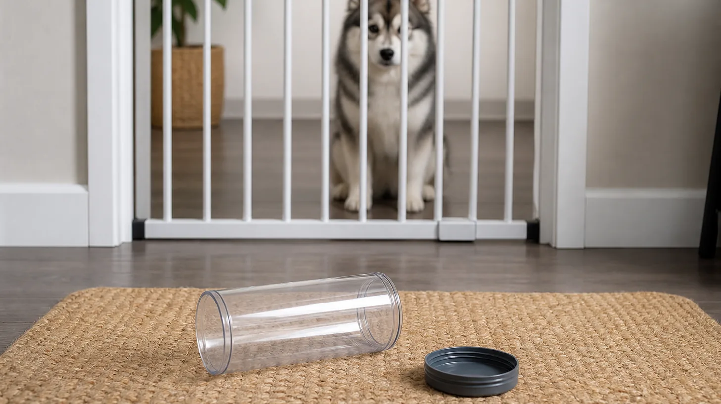An empty treat-dispensing cylinder and cap rest away from a gated Pomsky