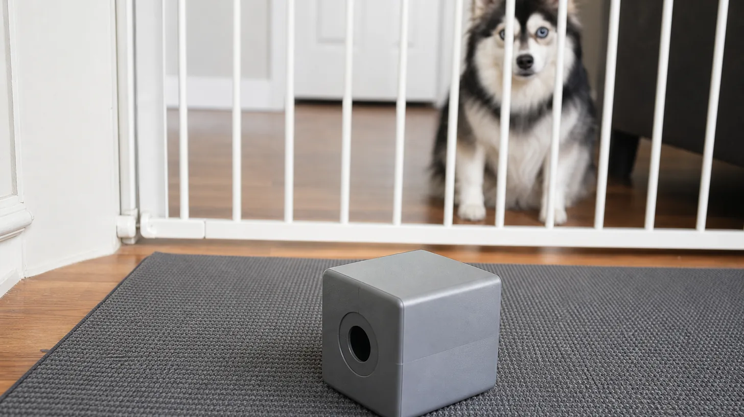 An empty treat-dispensing cube rests on a dry mat away from a gated Pomsky