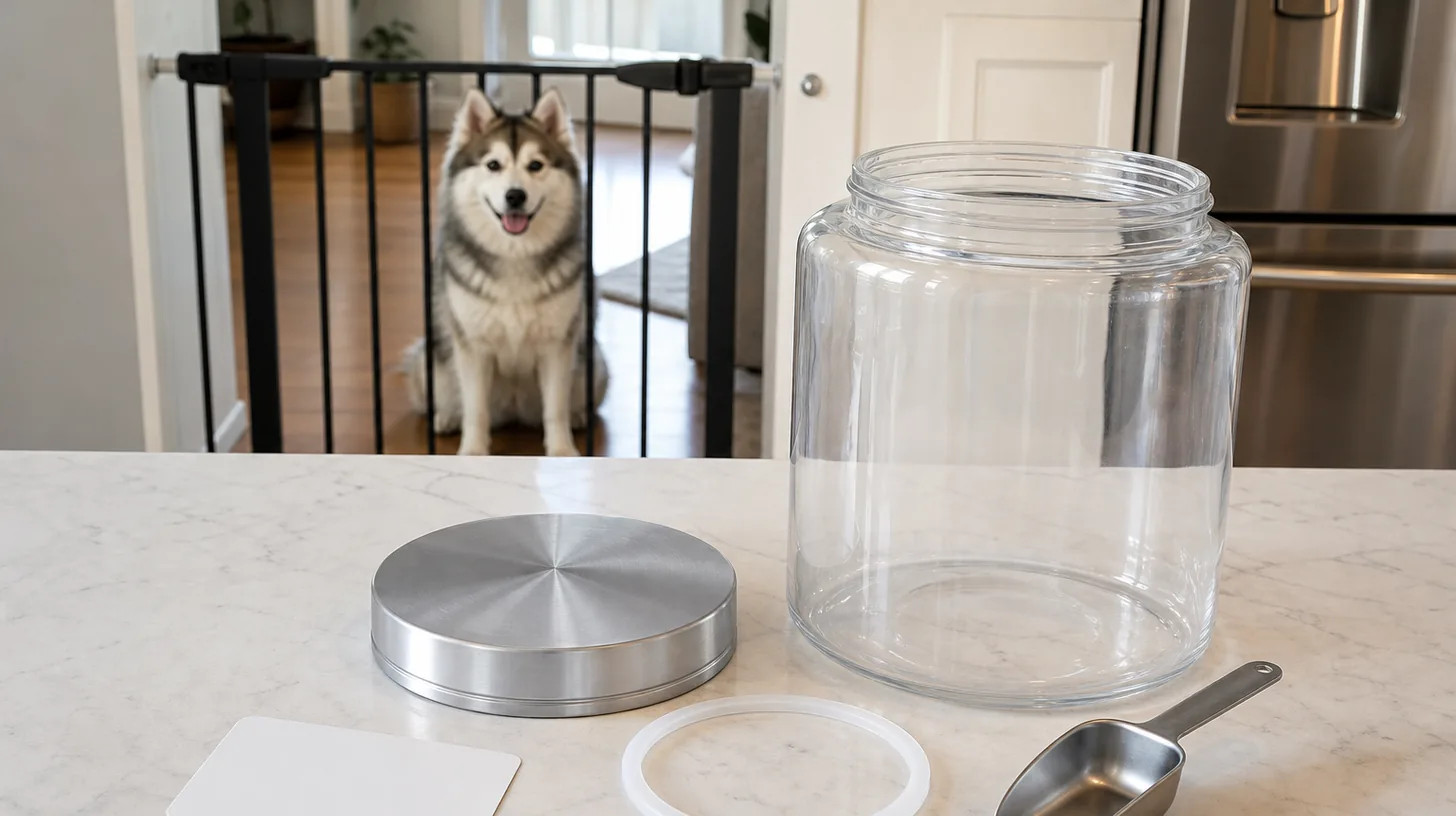 An empty treat jar, lid, gasket, blank label and scoop sit away from a gated Pomsky