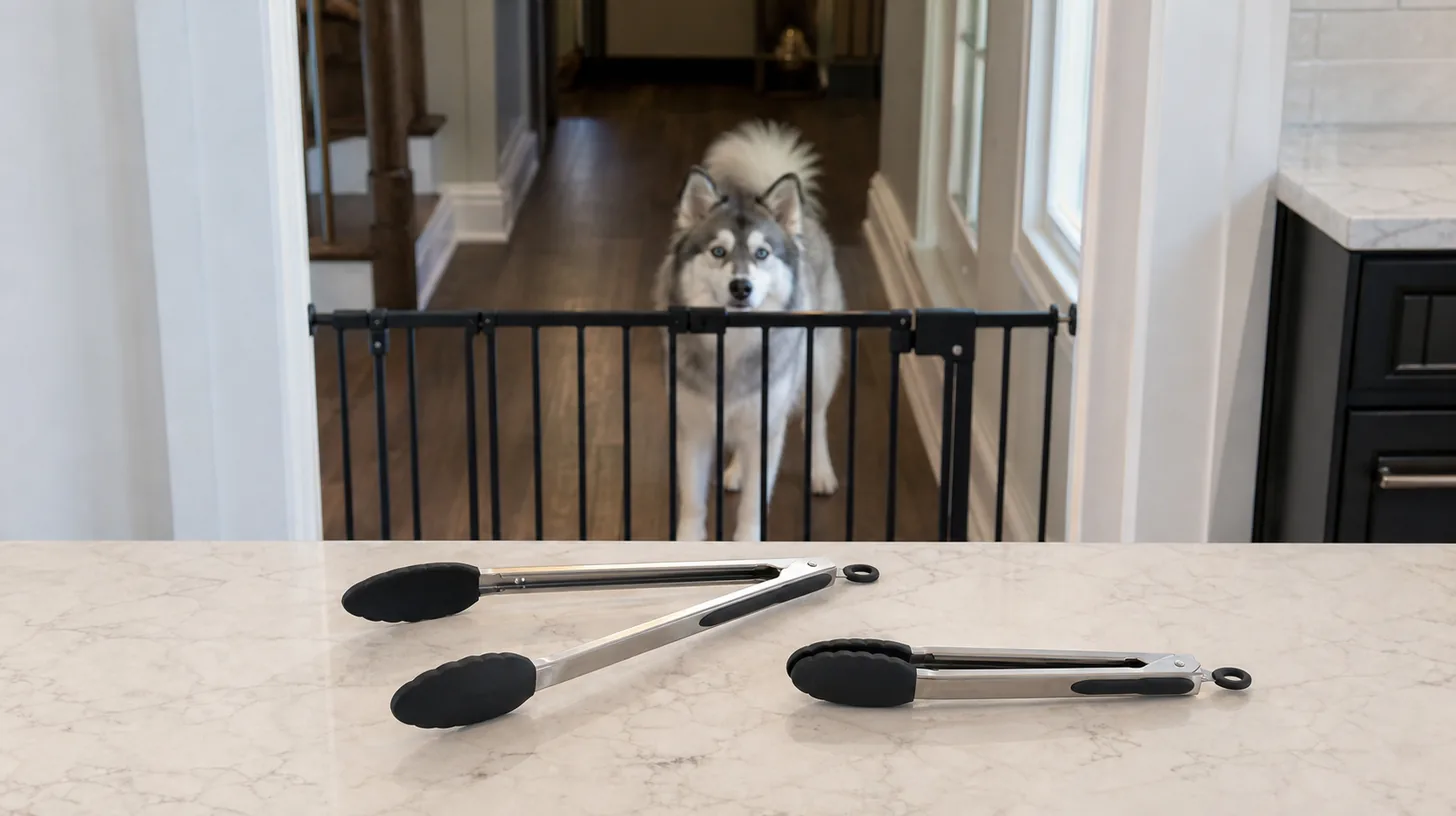 Clean food-safe tongs rest open and closed on a dry counter away from a gated Pomsky