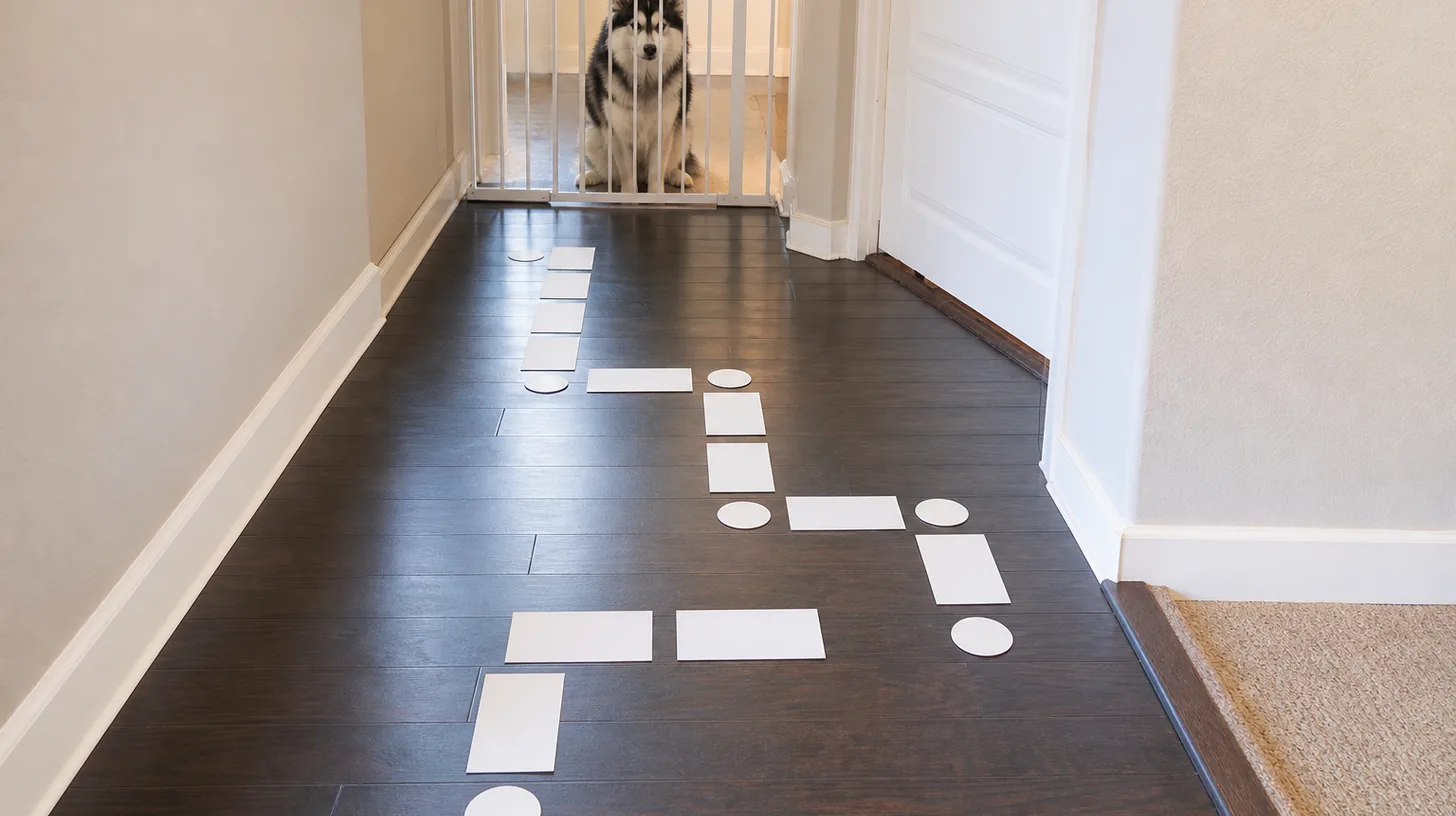 Cleared indoor treat-trail route marked by blank position cards while a Pomsky waits behind a gate