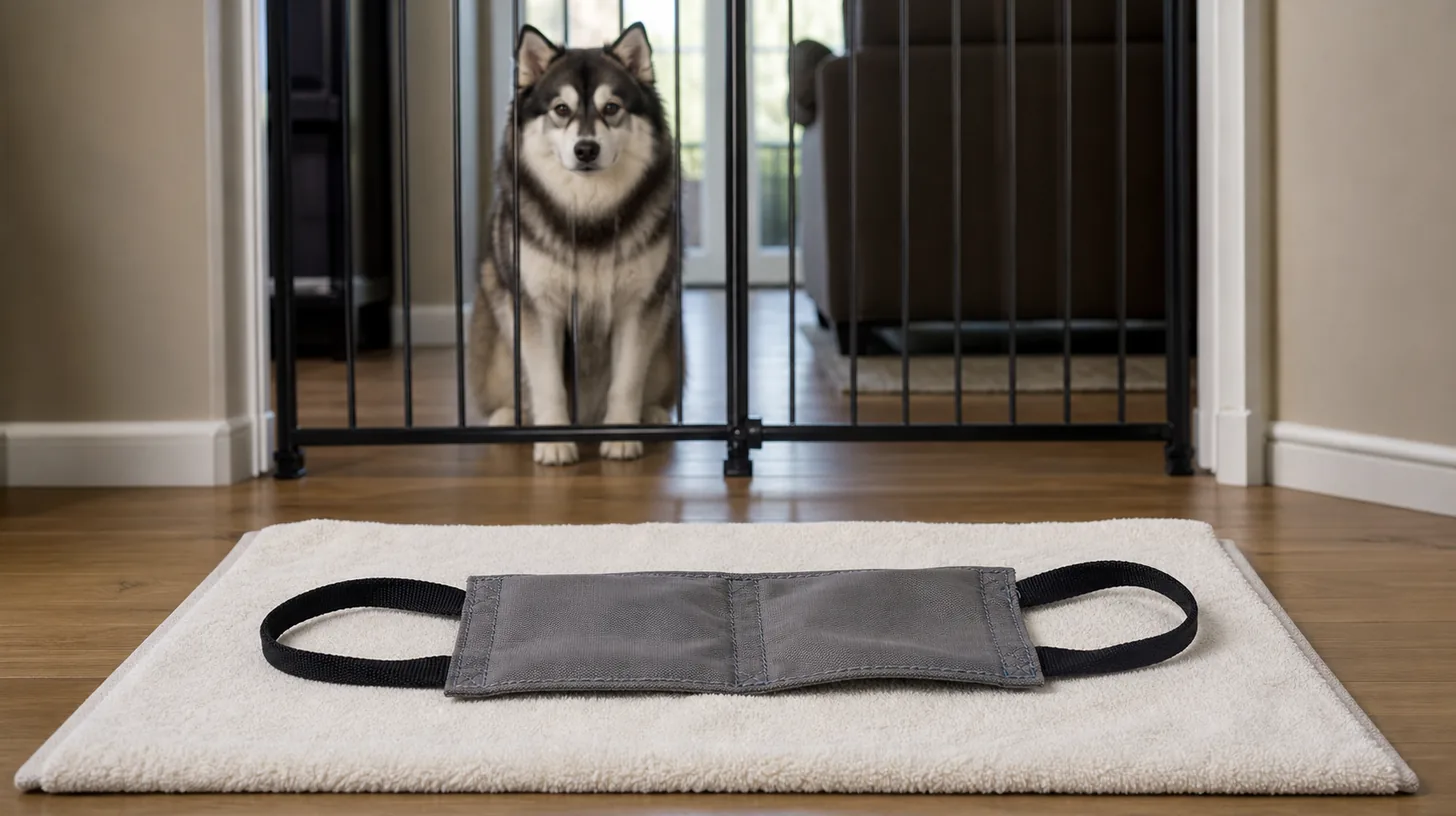 An inactive two-handle tug toy lies open to dry while a Pomsky waits behind a gate