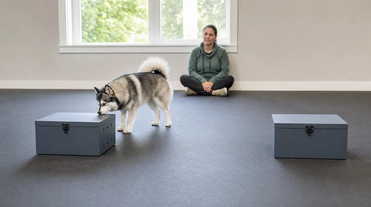 Pomsky calmly sniffing one of two identical closed ventilated scent boxes