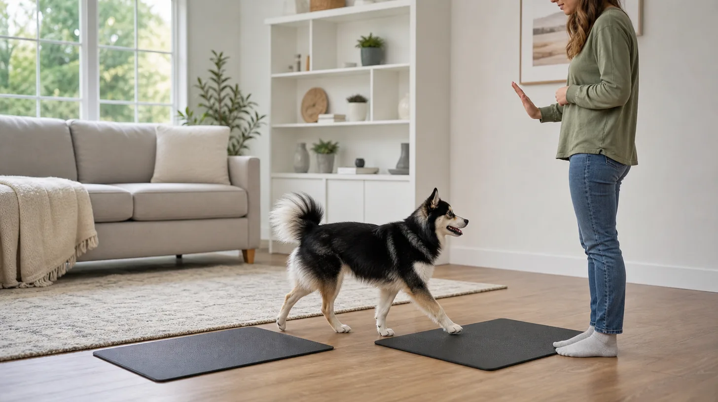 Pomsky moving voluntarily between two nonslip training mats while a caregiver marks the behavior