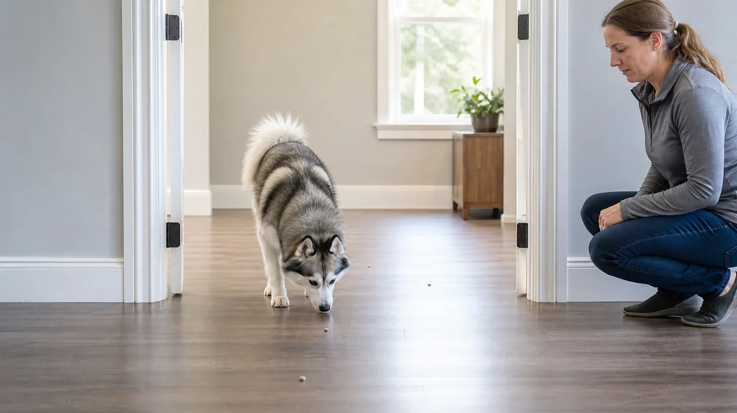 Pomsky following a widely spaced scent trail through a fully open secured doorway