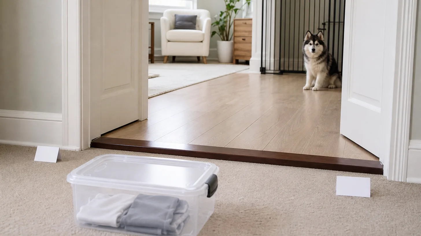 Two-room scent-trail route with a collected container and blank location markers