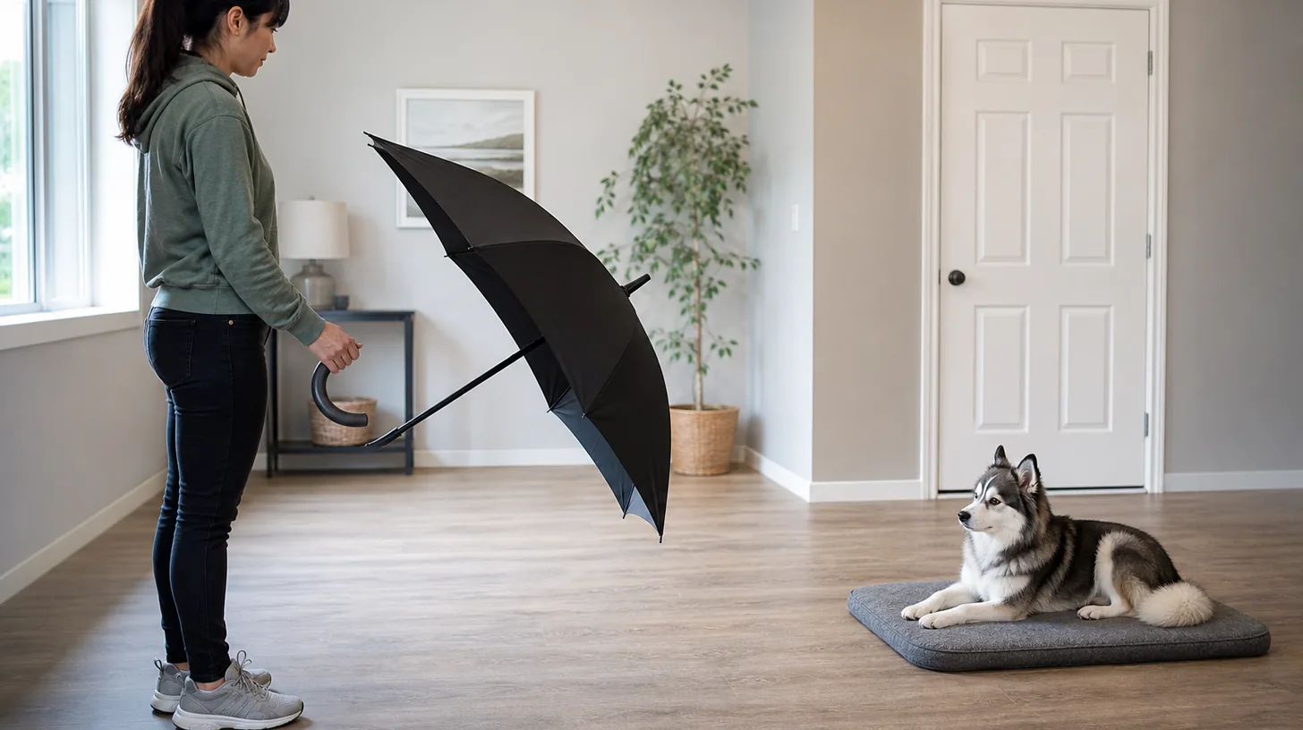 A Pomsky calmly observes a partly open umbrella from a floor mat