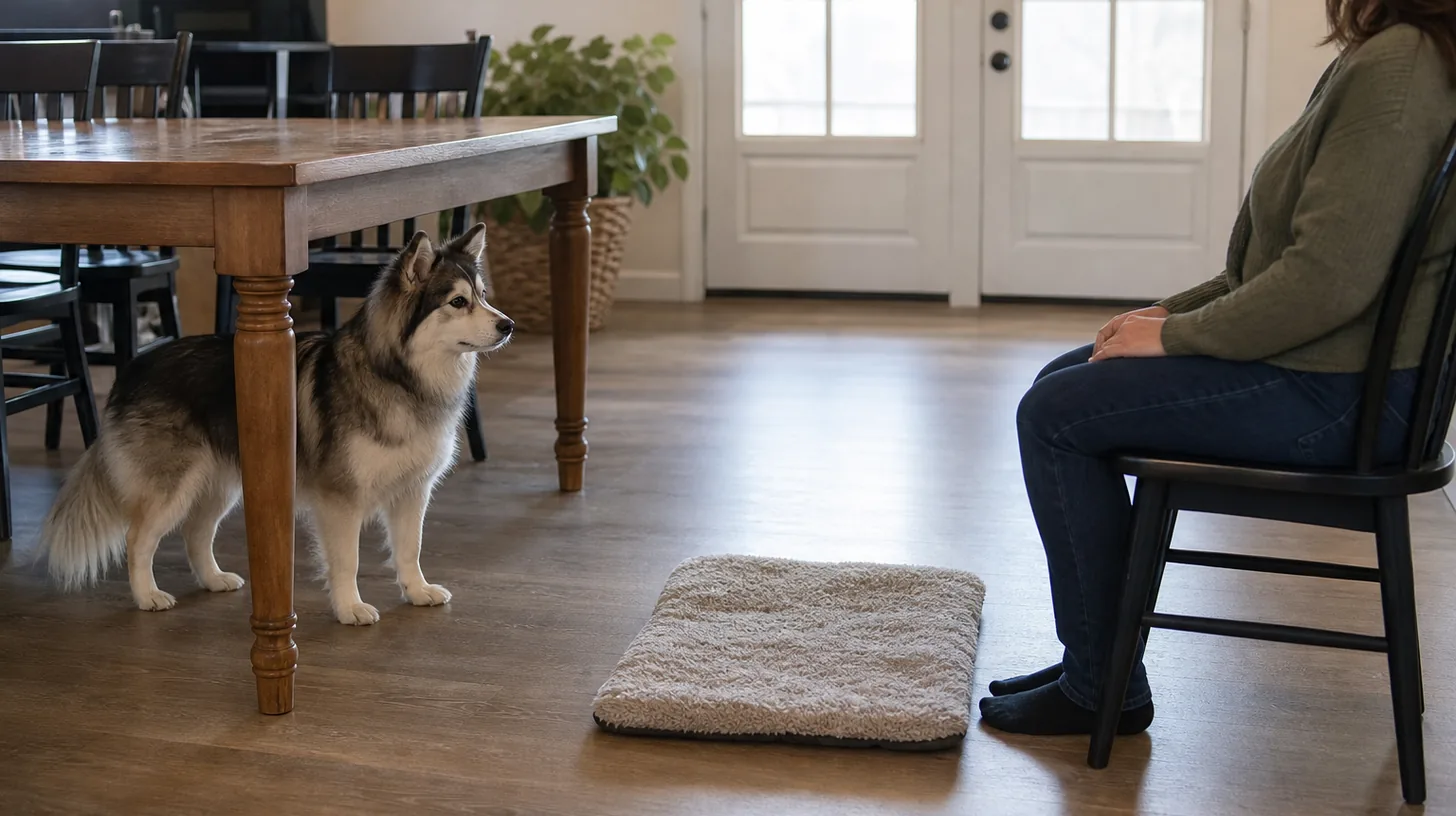 A Pomsky stands at the open edge beneath a table with a clear route to a mat