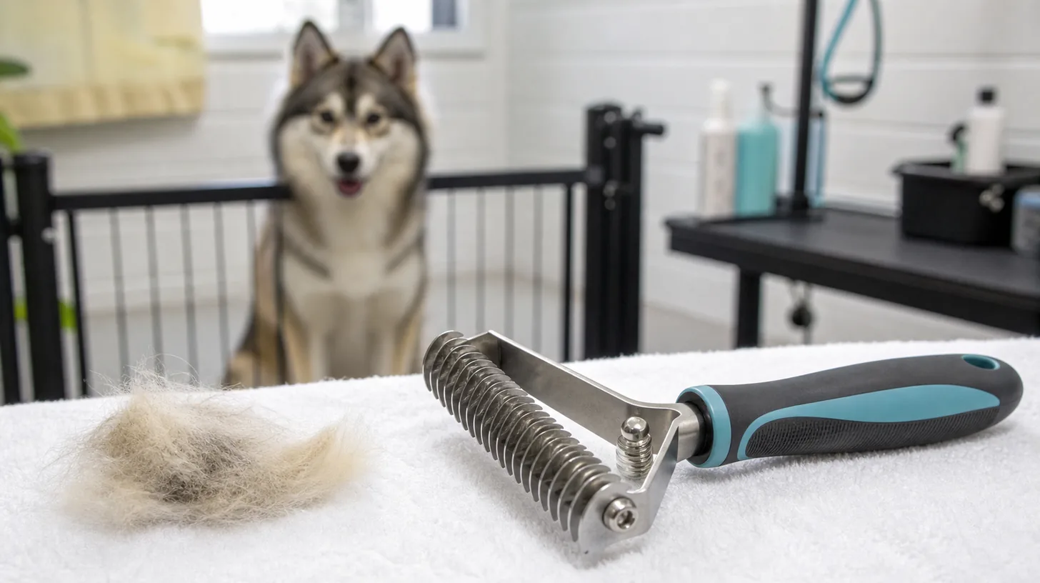 Undercoat rake and removed loose coat on a clean towel with a Pomsky behind a gate