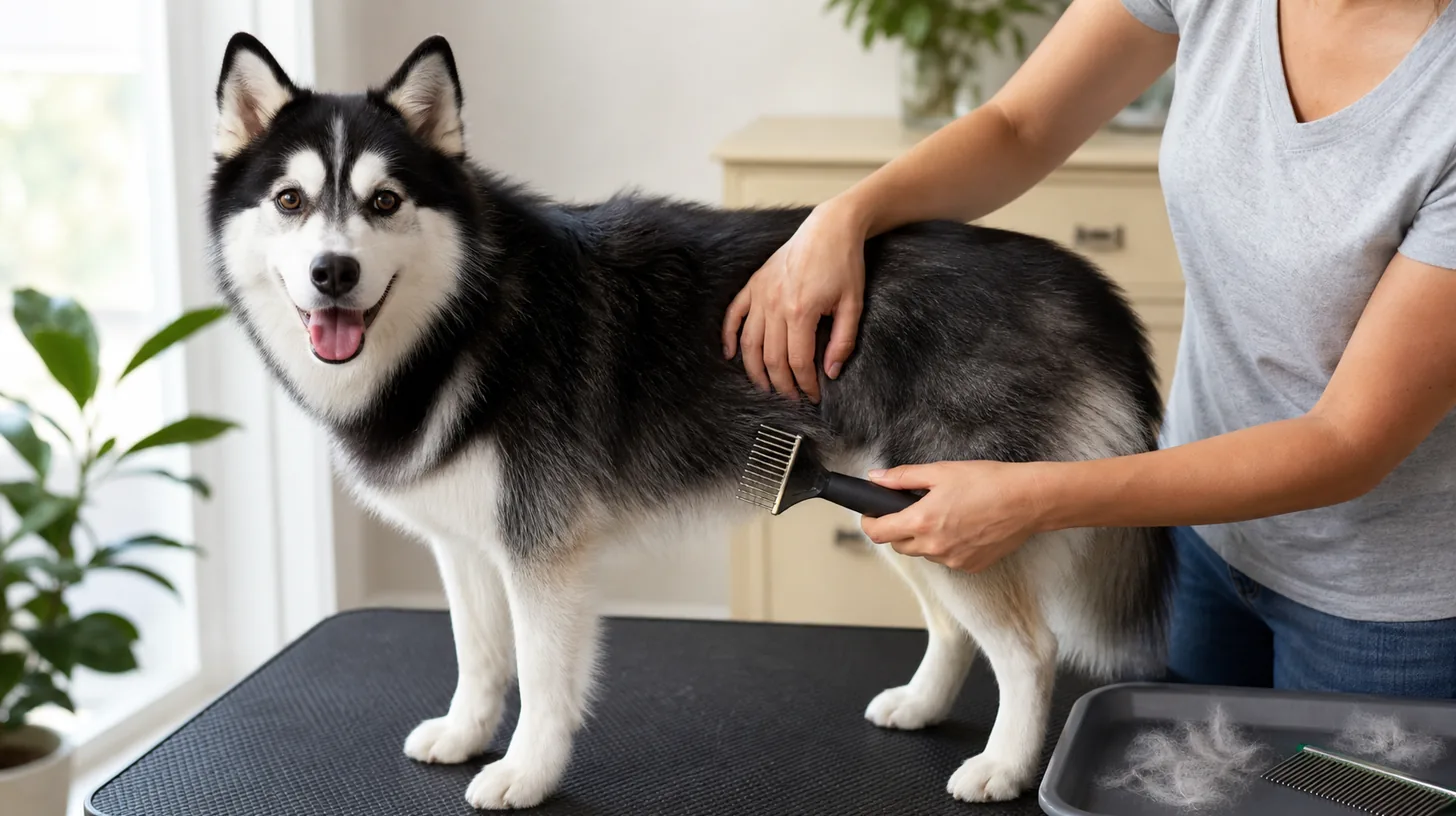 Caregiver uses an intact undercoat rake lightly on one supported Pomsky coat section