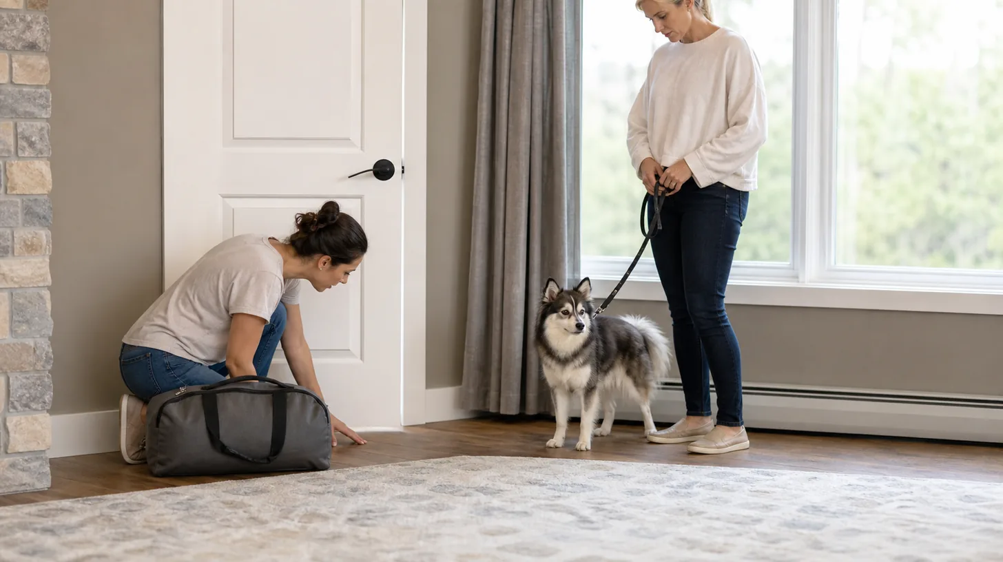 A caregiver holds a leashed Pomsky while another adult checks a rental pet area beside a packed bag