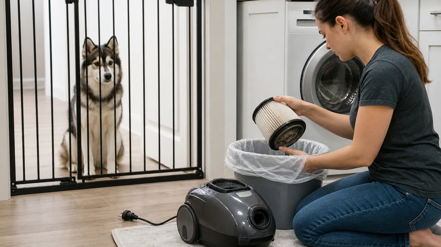 Pomsky waiting behind a gate while a caregiver handles an unplugged vacuum filter beside a lined bin