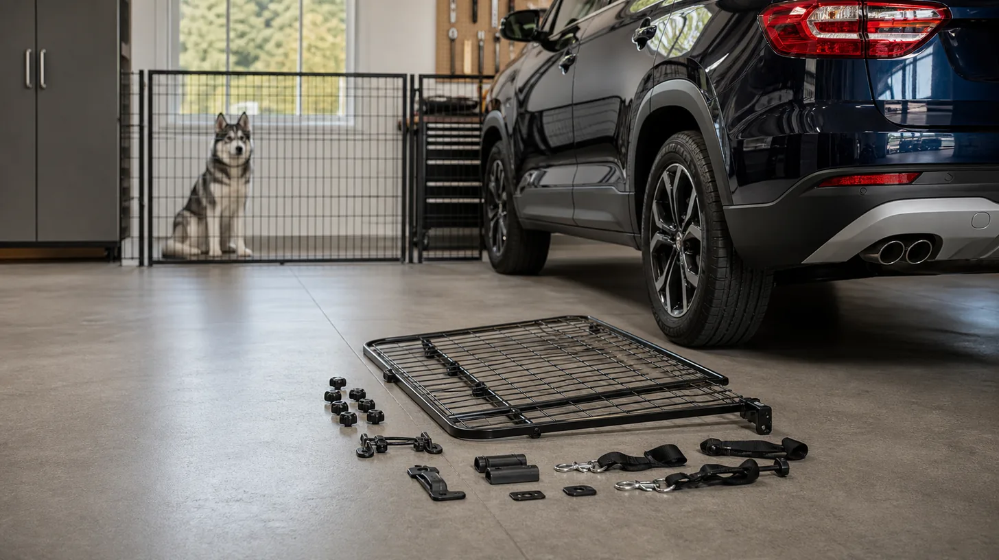 A removed cargo barrier and its mounts are inspected beside a closed vehicle while a Pomsky waits behind a gate