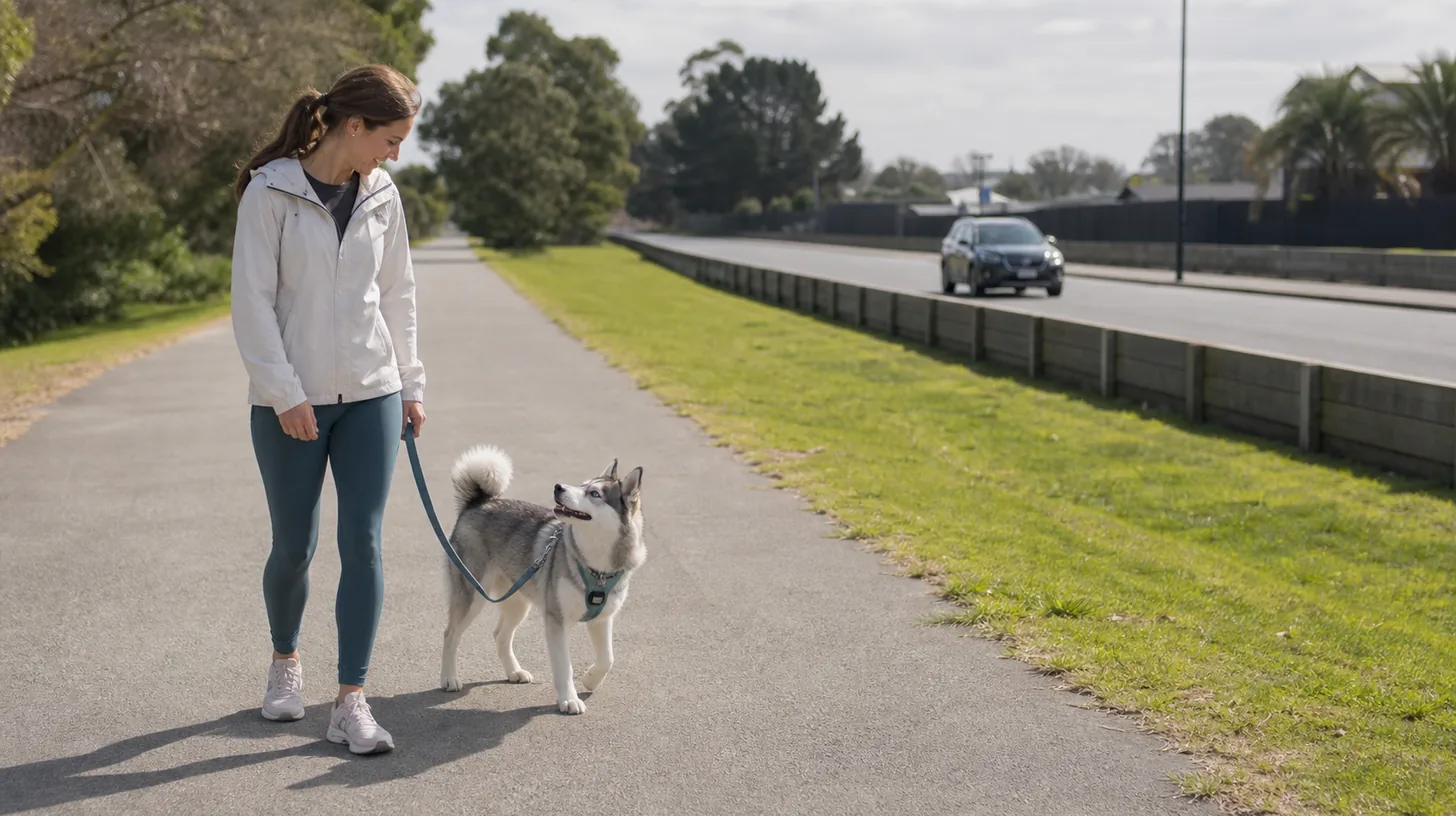 Pomsky turning toward a caregiver on a path far from a vehicle