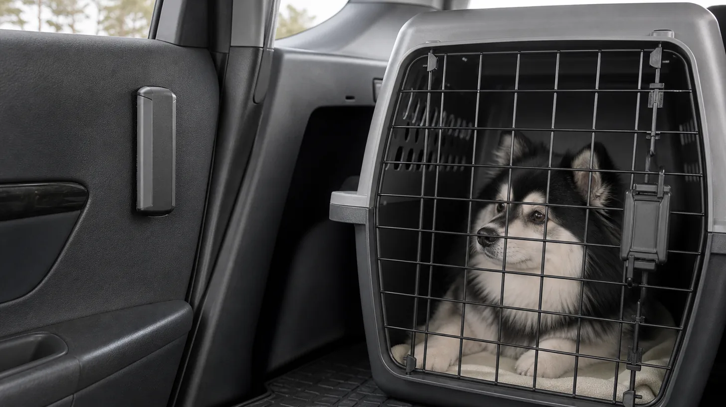 A secured emergency window tool is accessible inside a vehicle while a Pomsky remains in a closed carrier
