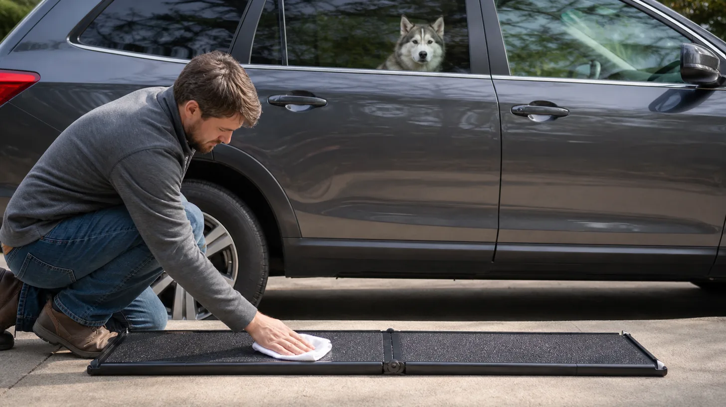 An adult cleans a foldable vehicle ramp while a Pomsky waits behind a closed car door