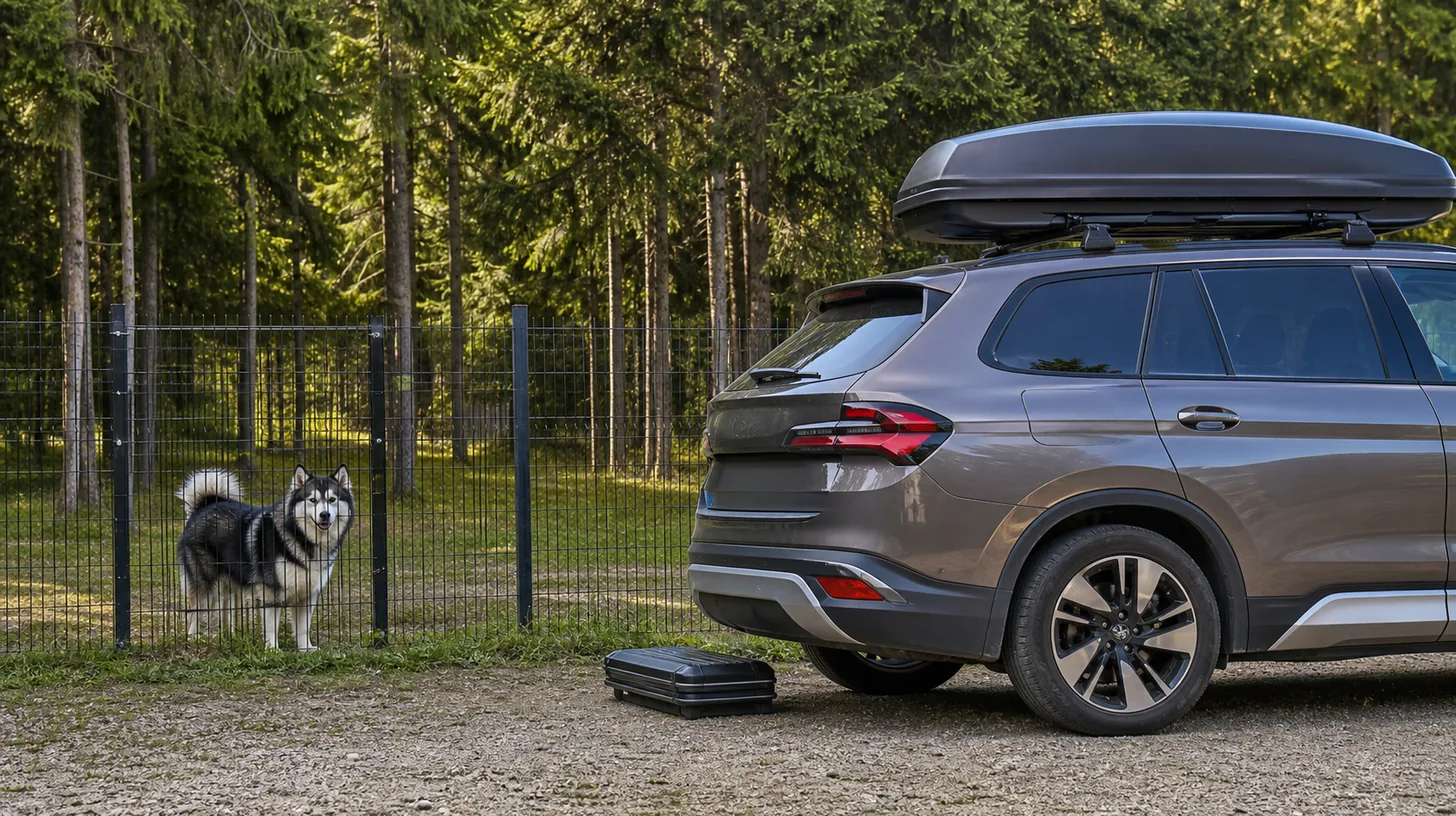 A closed roof cargo box and stowed step are separated from a Pomsky behind a fence