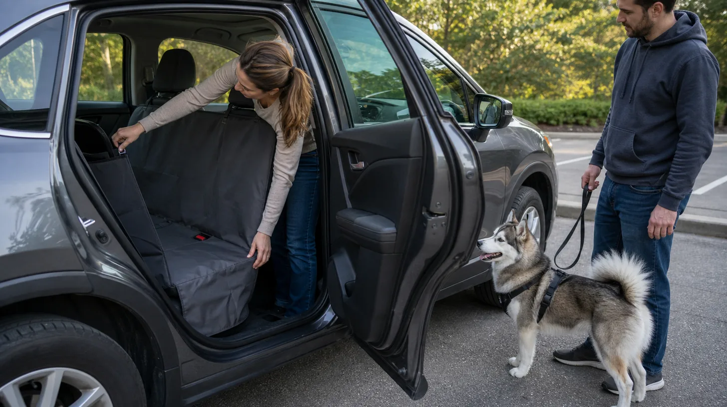 A Pomsky waits outside while an adult inspects an empty vehicle seat cover