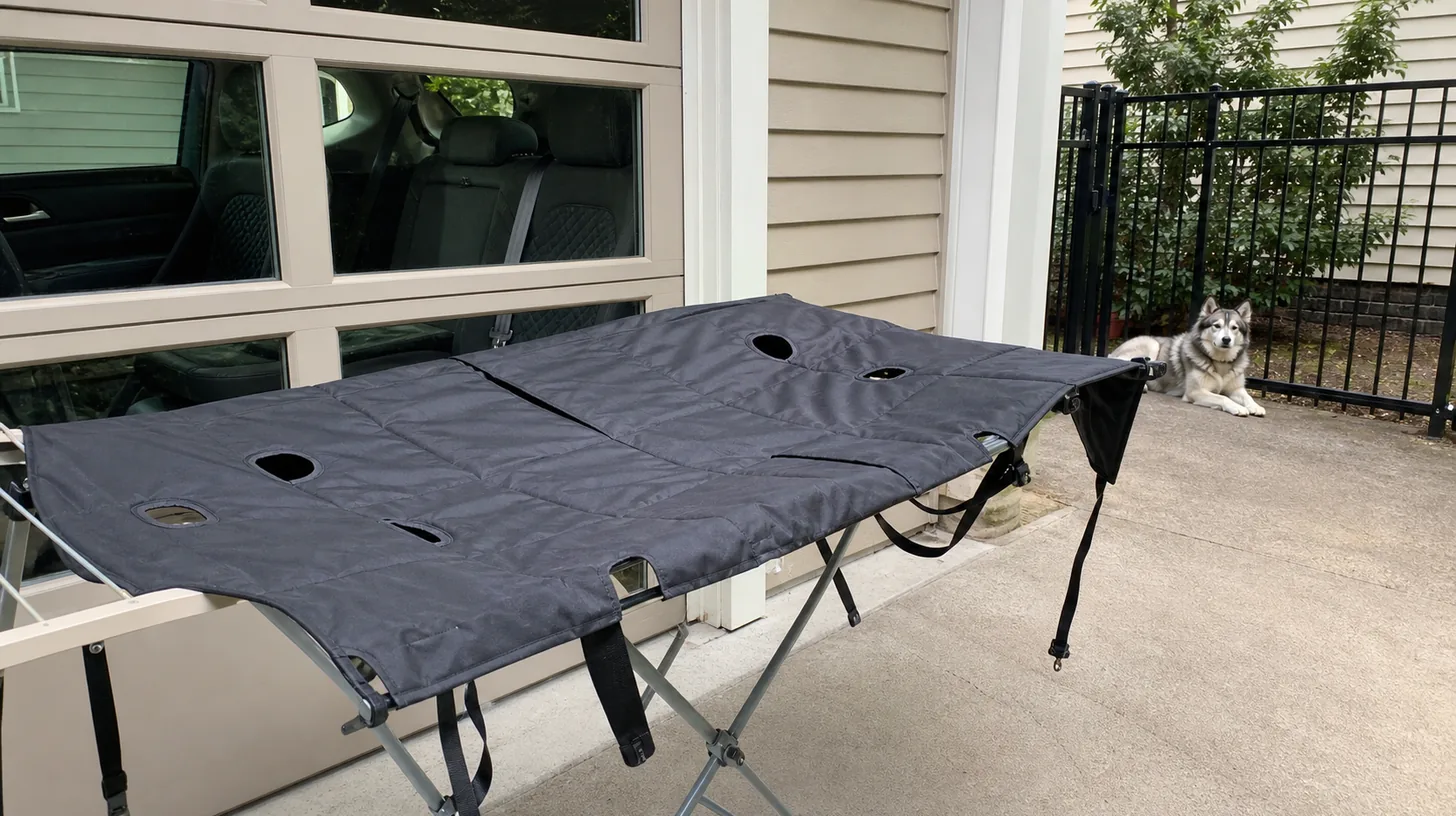 A vehicle seat cover dries flat while a Pomsky waits behind an outdoor gate