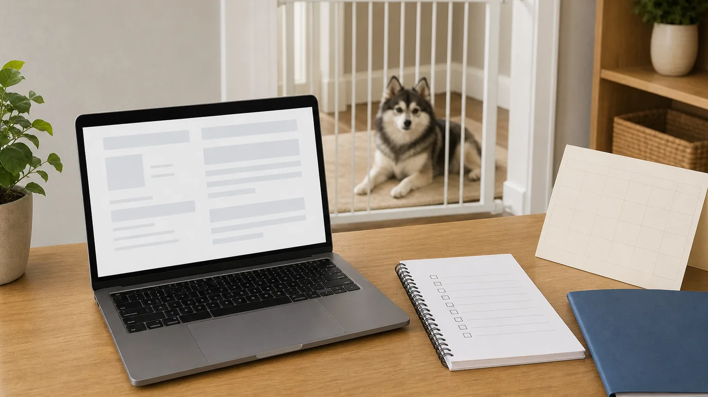 Generic appointment layout, blank checklist and calendar with a Pomsky behind a gate