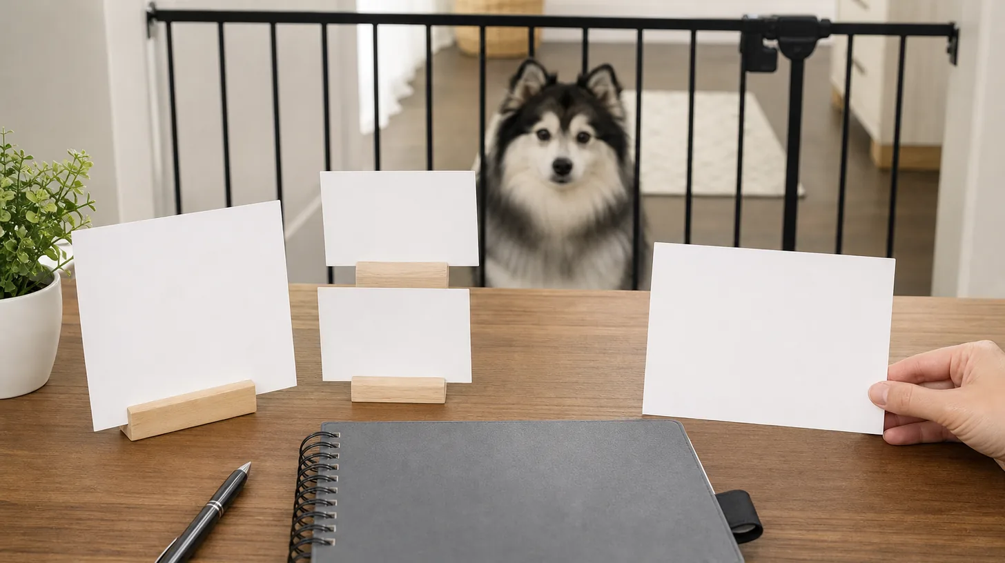 Blank appointment reminder cards, notebook and closed folder on a private desk