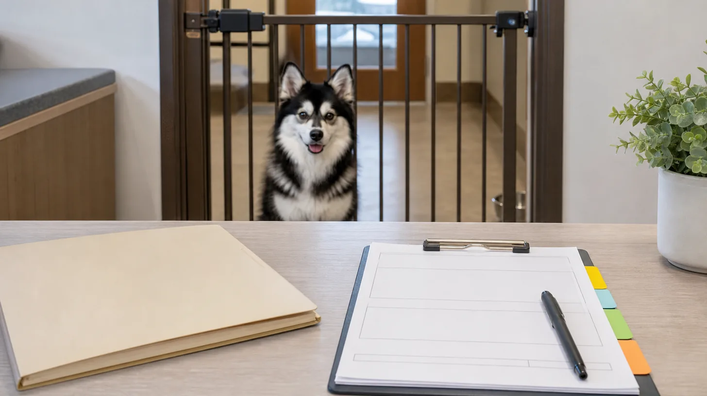 A blank tabbed authorization form and privacy folder sit away from a gated Pomsky