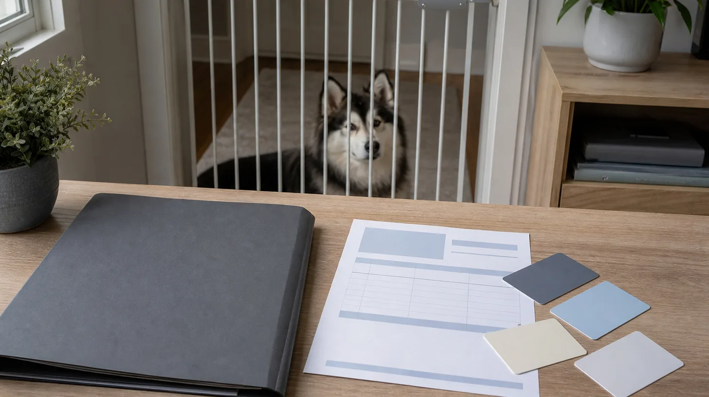 Blank billing documents, color-coded comparison cards and a closed folder on a private desk