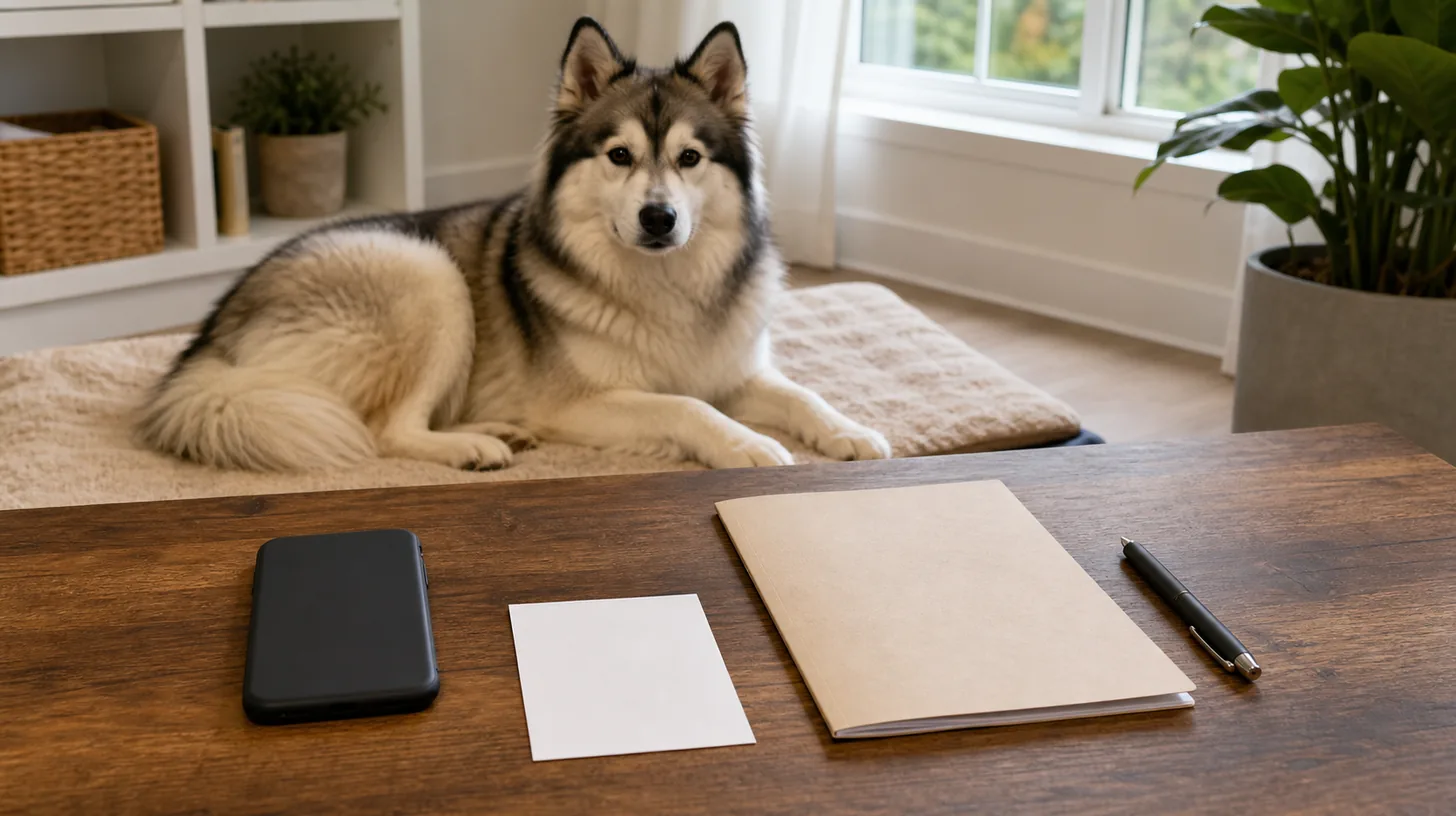 A face-down phone, blank card and closed folder sit near a resting Pomsky