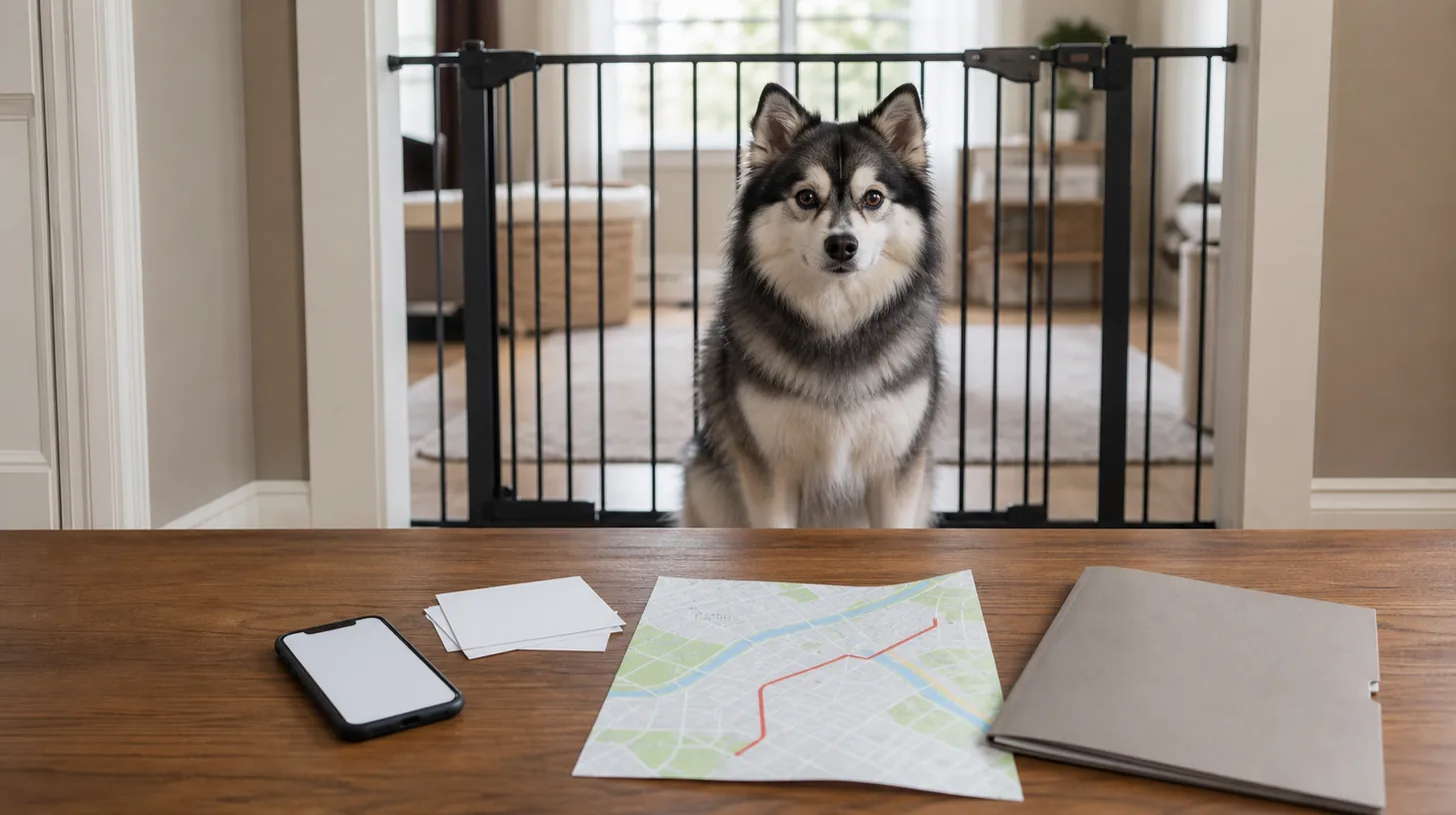 Pomsky waits behind a gate while blank veterinary contact cards a phone route map and folder are organized
