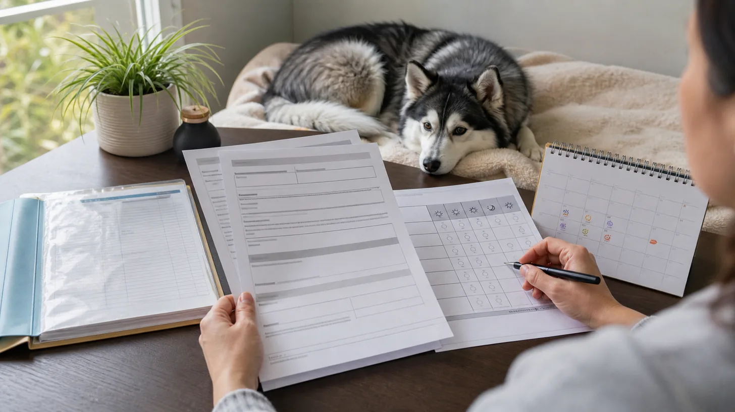 A caregiver compares unreadable veterinary discharge pages and a follow-up schedule near a resting Pomsky