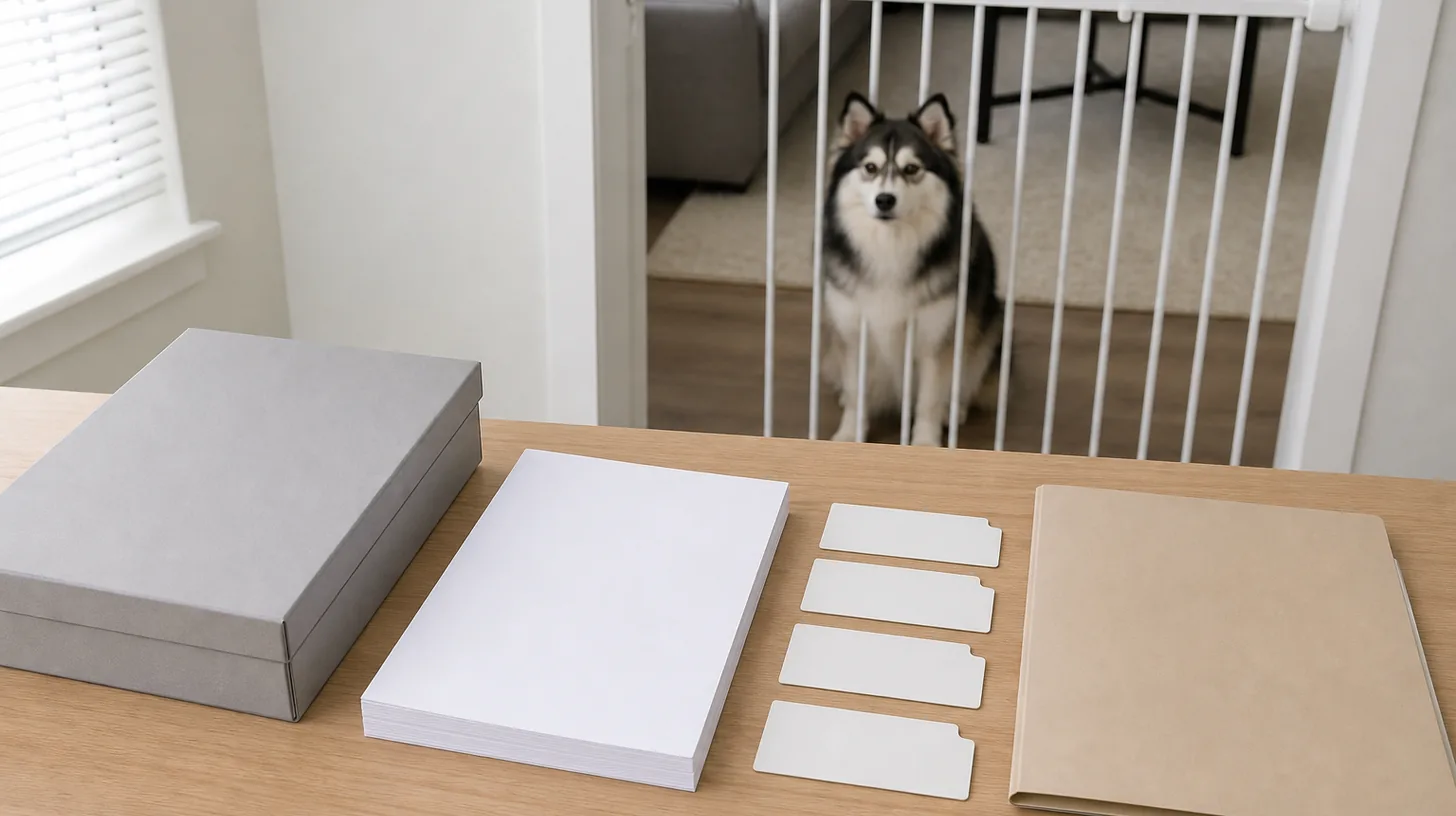 Closed document inbox, blank paper stack, four blank sorting tabs and archive folder