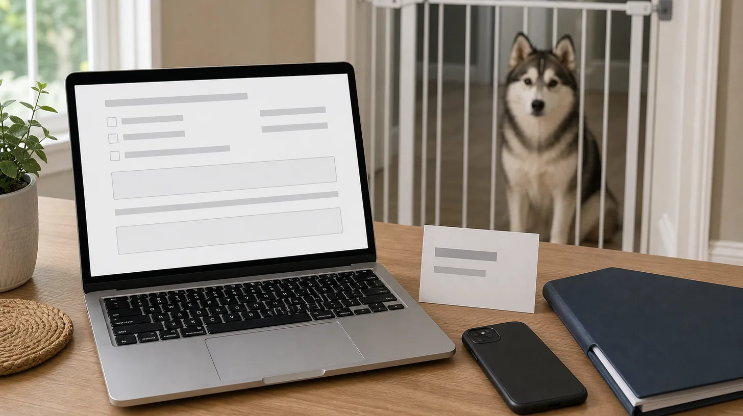 Generic blank online check-in form, receipt card, phone and closed pet folder