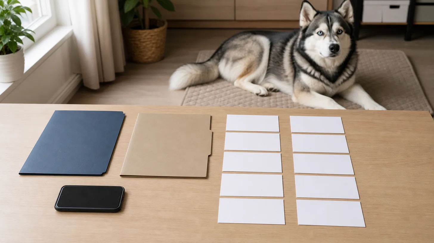 Two closed folders and blank comparison cards are arranged beside a resting Pomsky