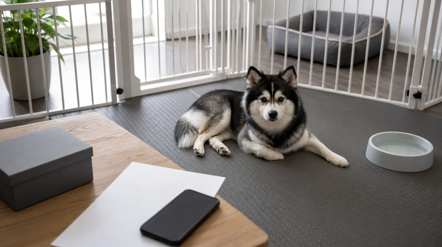 Calm Pomsky rests in a gated nonslip home area beside water while a closed box blank discharge sheet and phone remain nearby