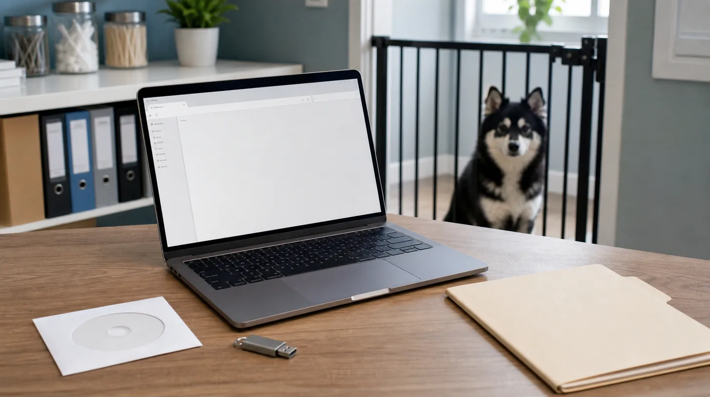 A blank imaging disc sleeve, secure device and appointment folder sit away from a gated Pomsky