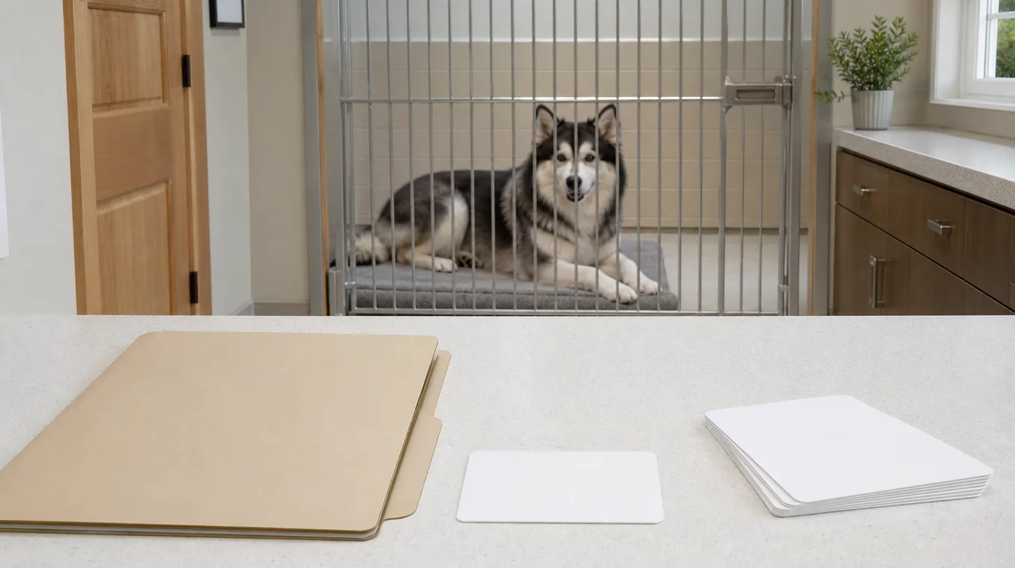 Blank imaging report folders and receipt cards sit on a clean table away from a gated Pomsky