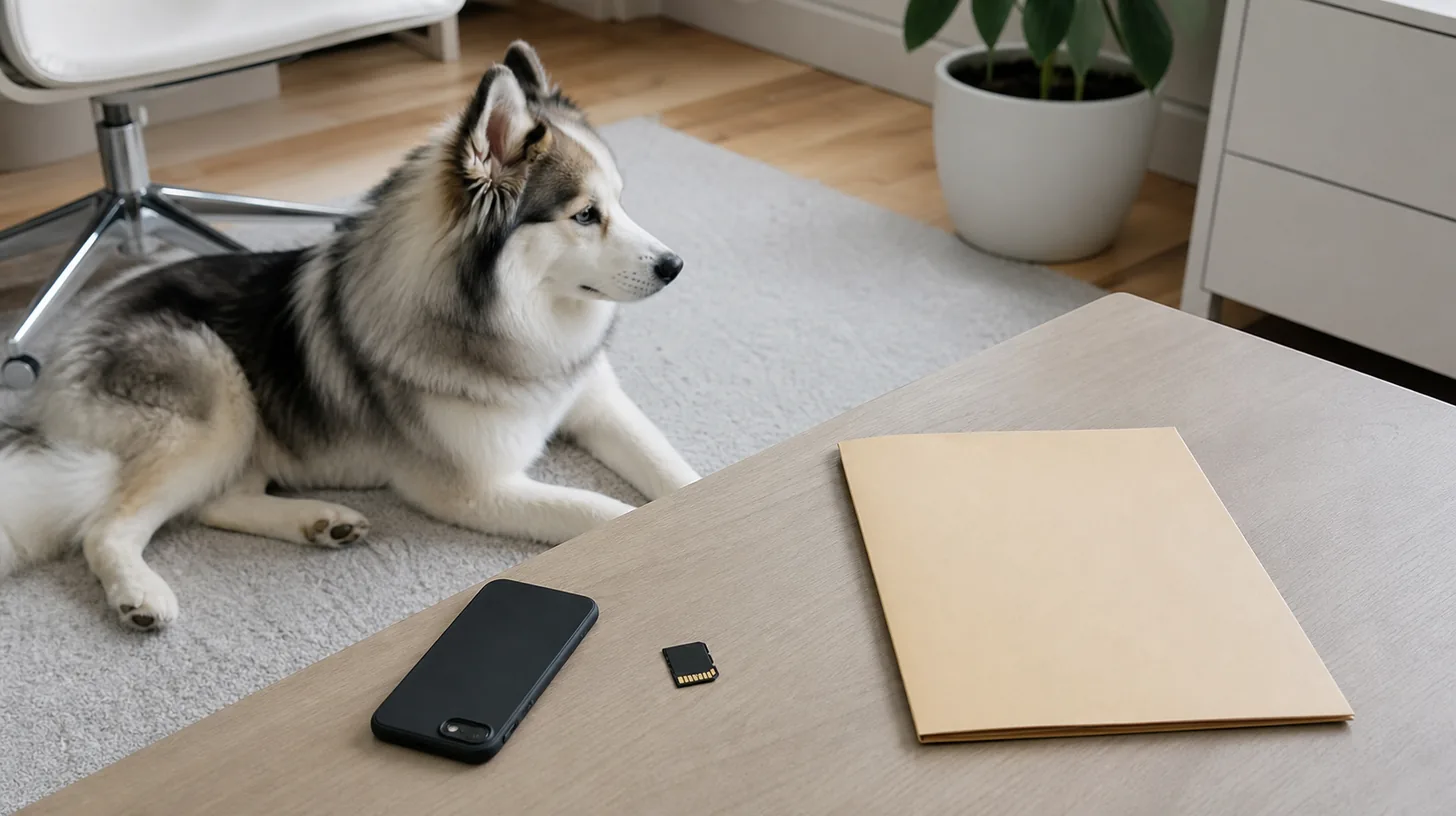 A face-down phone, blank memory card and closed folder sit beside a resting Pomsky