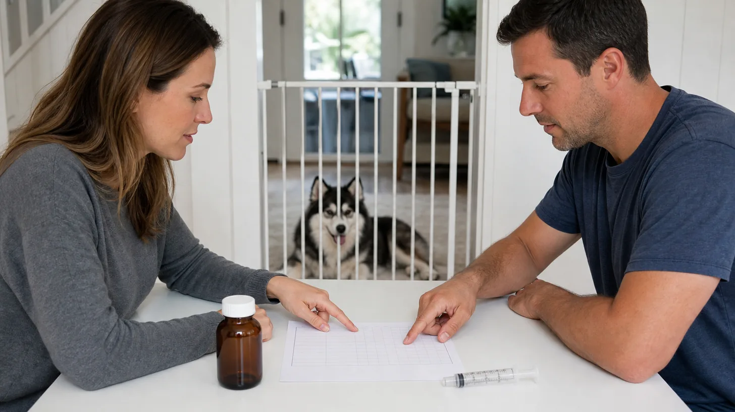 Two caregivers review a blank medication schedule and closed unbranded bottle while a Pomsky rests behind a gate