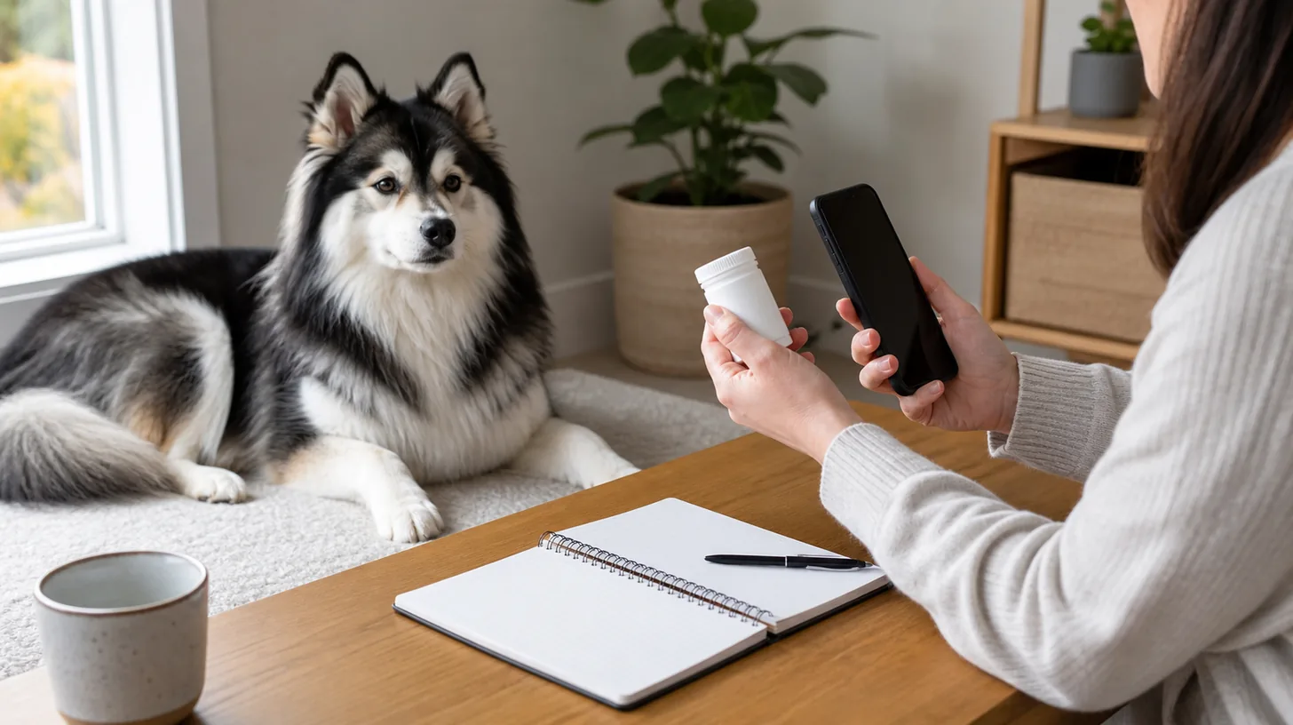 A caregiver checks a closed veterinary medication container and private refill record